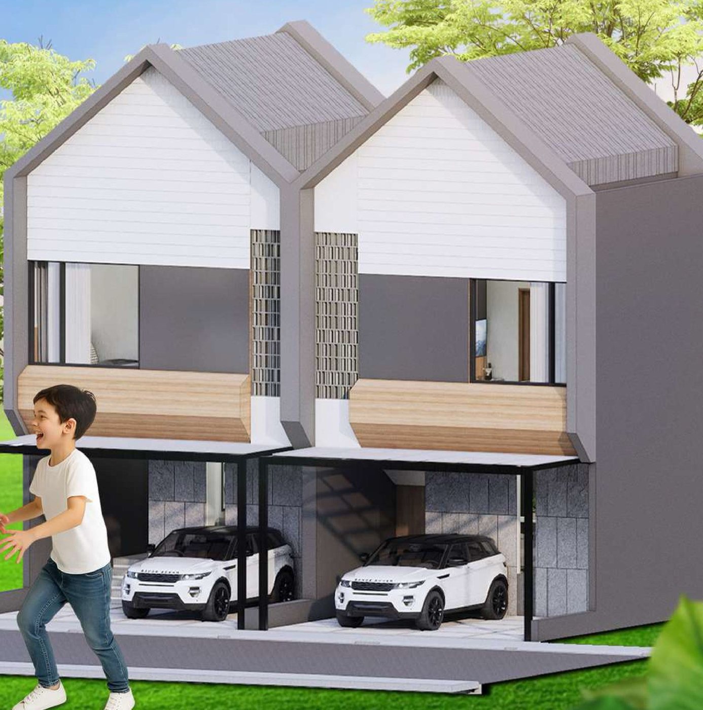 Render 3D tampak depan rumah GENUS tipe 65, dua lantai dengan fasad conwood dan carport berkanopi